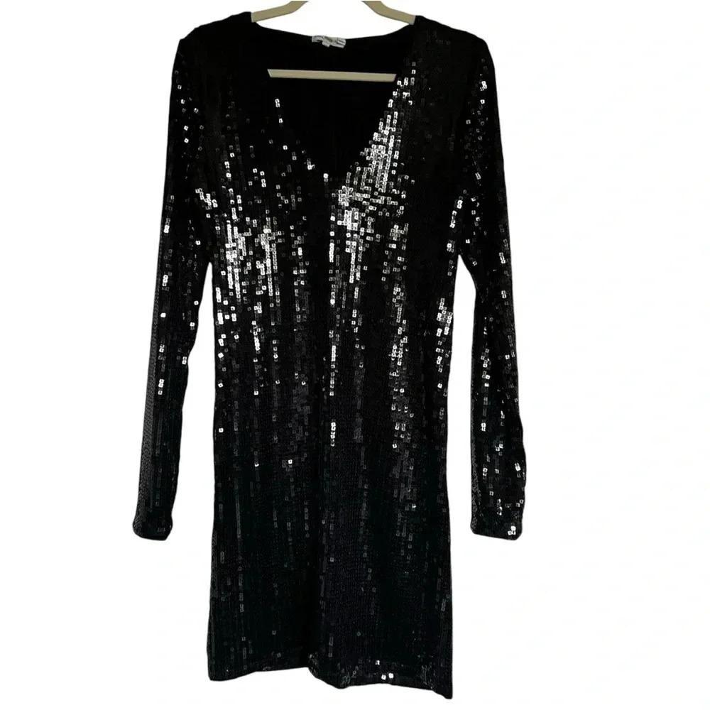 Good American Black‎ Deep V Neck Sequin Dress Size Medium